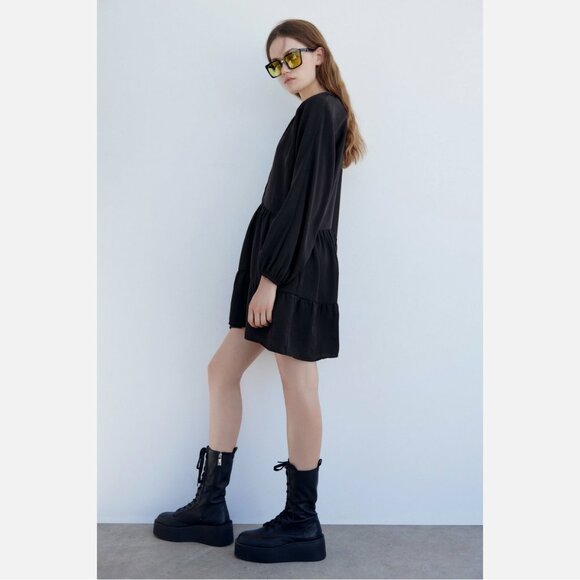 Zara Black Flat Leather Platform Combat Boots - Picture 3 of 7